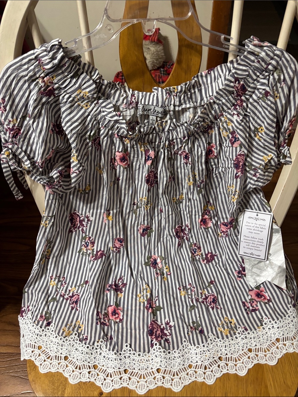 Crave Fame Striped Off-Shoulder Tunic in Gray, Pink & Yellow Floral